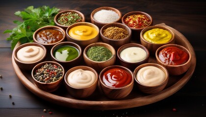 various culinary sauces and spices in wooden bowls