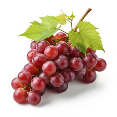 Fototapeta premium A lush cluster of fresh, plump red grapes, still attached to its woody stem and adorned with a few vibrant green leaves copy