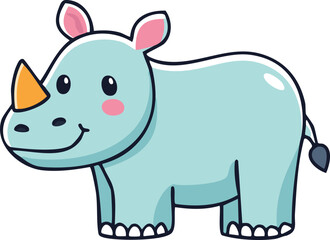 A cheerful, light-blue cartoon rhinoceros stands, smiling gently.