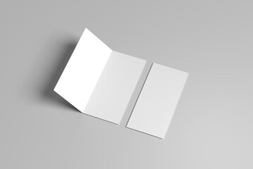 bi-fold or half-fold DL brochure mockup isolated on a soft gray background. 3D rendering illustration.