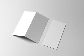 bi-fold or half-fold DL brochure mockup isolated on a soft gray background. 3D rendering illustration.