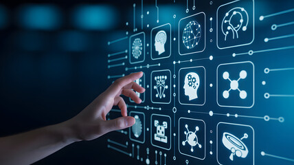 Hand interacting with a digital interface displaying ai icons and connecting lines on a blue background