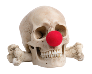 Skull bone clown red nose smiling funny spooky Halloween isolated humor transparency background playful creepy teeth decoration party skeleton joke macabre scary quirky odd bizarre cheerful