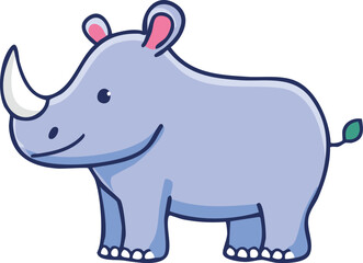 Cartoon illustration of a smiling rhinoceros with a large horn, standing on a white background.