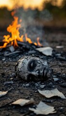 Fototapeta premium Smoldering ashes and charred remains of Ravana’s effigy evoke a powerful moment of cultural symbolism. Ideal for Dussehra campaigns, spiritual reflections, and heritage-focused branding.
