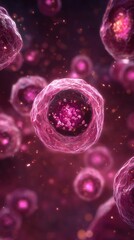 Fototapeta premium Scientific microscopic image illustrating programmed cell death in tissue capturing nucleus fragmentation and cell shrinkage with pinkstained nuclear particles.