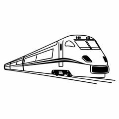 Black and white line art illustration of a modern high speed train on a white background transportation