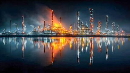 Fototapeta premium Illuminated oil refinery and petrochemical plant at night with reflections on water, glowing in orange and blue tones