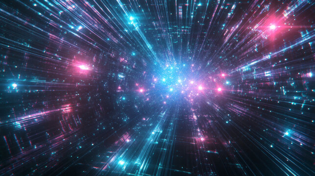 Abstract digital space tunnel with vibrant glowing lines. - Powered by Adobe