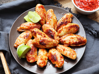 Chicken wings of barbecue with tomato sauce. Picnic. Summer menu.  Top view. Flat lay