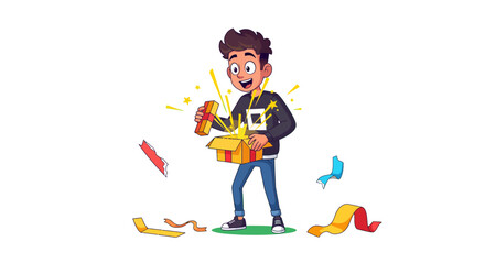 Excited Boy Opening a Surprise Gift Box Colorful Illustration