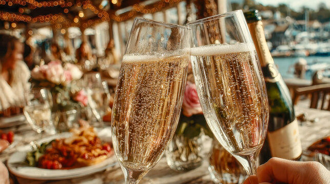 Two champagne glasses clinking at a festive celebration with sparkling lights and blurred guests in background