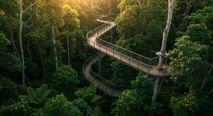 Aerial View of Elevated Wooden Walkway Through Lush Green Tropical Forest Canopy