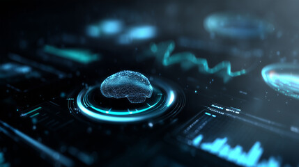 Futuristic 3D interface with a glowing digital brain hologram, surrounded by data charts and analytics elements, symbolizing AI technology, big data, and advanced neural network processing.