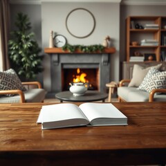 White book mockup on wooden table in cozy living room with fireplace book mockup Ultra realistic Photorealistic 