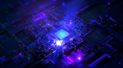 Close-up of a glowing AI processor chip on a futuristic motherboard, illuminated with vibrant purple and blue neon lights. The intricate network of circuits radiates outward.