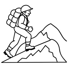 Stylized hiker with backpack climbing rocky terrain on a white background hill mountain