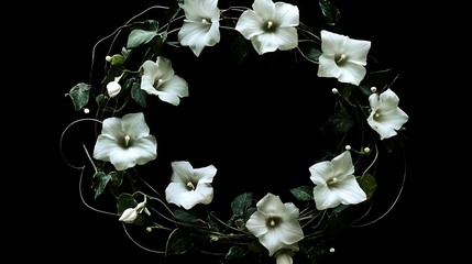 A delicate circular arrangement of white flowers and dark green foliage against a stark black background