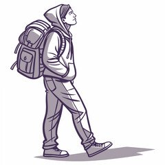 Stylized illustration of a person with a backpack walking with head looking up on a white background