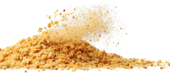 Light tan-colored crumbs or granules in a pile, with a lighter tan/off-white, airy, textured section on top, appearing as if cascading from above