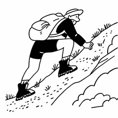 Stylized illustration of a person with a backpack climbing a hill hiker mountain
