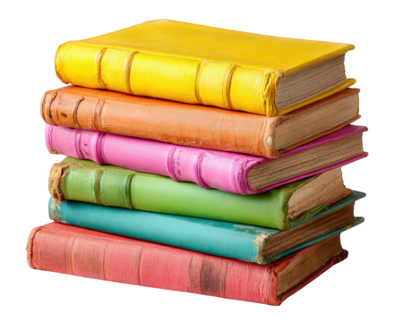 Stack of colorful books with worn edges, vintage style, isolated on transparency background, evokes nostalgia and curiosity, perfect for education or library themes