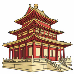 Fototapeta premium Traditional red and gold multi-tiered pagoda with ornate roof details and stairs on a white background
