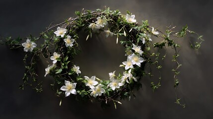 A lush green wreath adorned with delicate white flowers and trailing greenery against a dark background