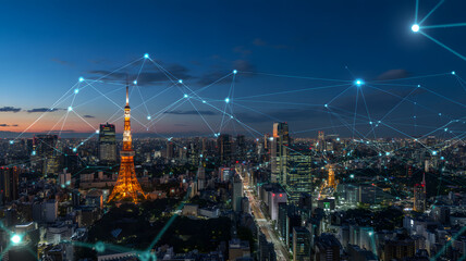 Aerial view of illuminated tokyo cityscape with network connections at dusk showing the tokyo tower