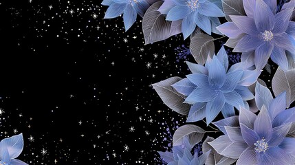 Abstract floral pattern with delicate blue and silver petals against a dark textured background