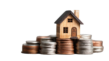 Miniature wooden house atop a stack of coins