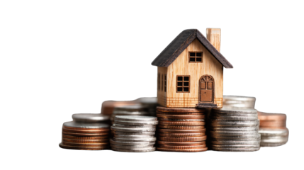 Miniature wooden house atop a stack of coins