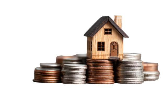 Miniature wooden house atop a stack of coins - Powered by Adobe