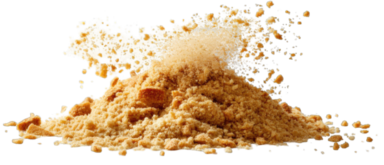 Light brown, crumbly topping, scattered