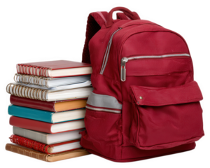 Red backpack stack of textbooks spiral notebooks school supplies education study learning academic student organization isolated on transparency background