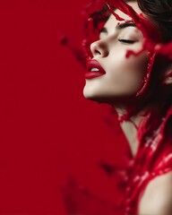 Fototapeta premium Sensual Woman Experiencing a Vibrant Splash of Crimson Liquid Motion