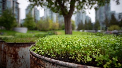 Microgreens thrive in recycled metal containers, adding a touch of green to an urban setting, promoting sustainable practices and healthy eating