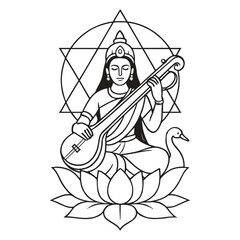 Vasant Panchami lord Maa Saraswati Line Art Illustration Hindu Goddess Knowledge Veena Lotus