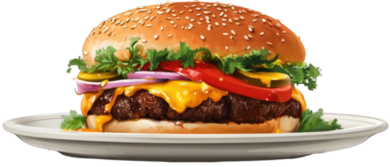 Close-up of a gourmet cheeseburger on a plate.  Topped with melted cheese, lettuce, tomato, onion, pickles, and peppers.  A sesame seed bun holds the ingredients together. Served on a white plate