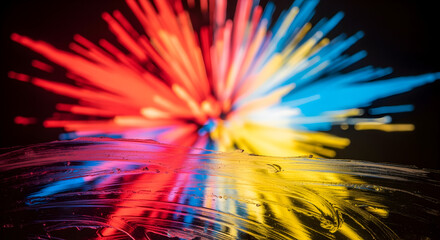 Abstract Light Burst with Vibrant Colorful Streaks and Reflection on Dark Background, Dynamic Motion Blur