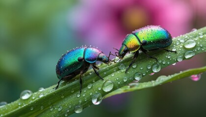 Naklejka premium Two iridescent beetles rest on dew-covered grass blades. Vibrant nature macro photo of insects. Colourful beetles in close-up. Insect illustration, biology and ecology art. Wildlife and spring beauty.