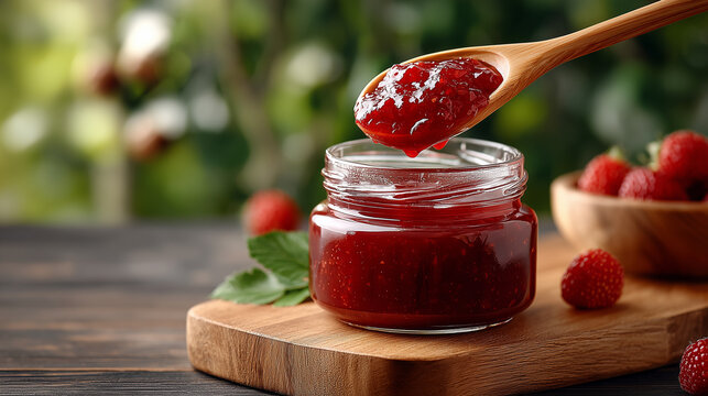 Delicious strawberry jam in a glass jar resting on a wooden cutting board, with fresh strawberries and green leaves in the background. A wooden spoon showcases the vibrant preserve. - Powered by Adobe
