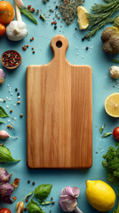 A wooden cutting board surrounded by fresh vegetables, herbs, and spices arranged on a light blue surface.