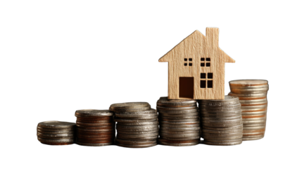 Wooden house model atop a series of stacked coins, signifying investment in real estate