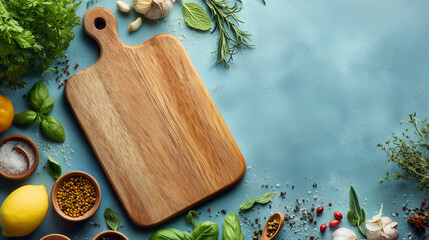 A top view of a wooden cutting board surrounded by fresh herbs, spices, and cooking ingredients on a blue textured background, ideal for culinary and food-related concepts. copy space