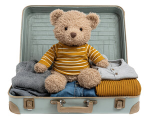 Teddy bear suitcase clothes toy travel childhood cozy striped shirt luggage adventure soft preparation journey packing cute plush brown casual home trip vacation playful innocence textile denim