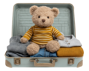Teddy bear suitcase clothes toy travel childhood cozy striped shirt luggage adventure soft preparation journey packing cute plush brown casual home trip vacation playful innocence textile denim