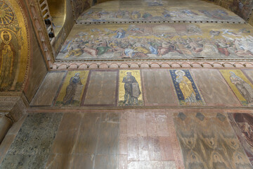 Interior of St Mark's Basilica (Basilica di San Marco), Venice, Italy, featuring golden mosaics,...