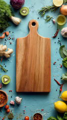 A wooden cutting board surrounded by fresh vegetables, herbs, and spices arranged on a light blue surface.