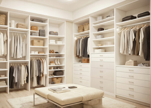 Modern walk-in closet boasts white shelves, soft lighting. Clothes, accessories neatly arranged pristine, contemporary design, organisation. Stylish, clean interior radiates elegant, minimalistic